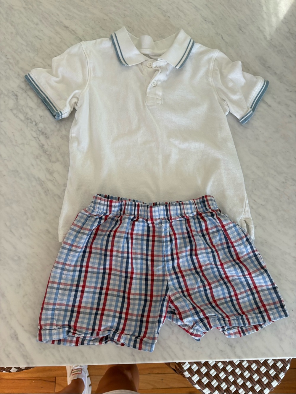 Little English Blue Red Plaid Shorts w White Pique Polo Size 5